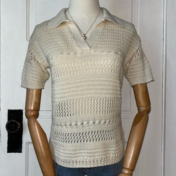 JOIE CROCHET COLLARED SHORT SLEEVE SWEATER - Picture 1 of 7